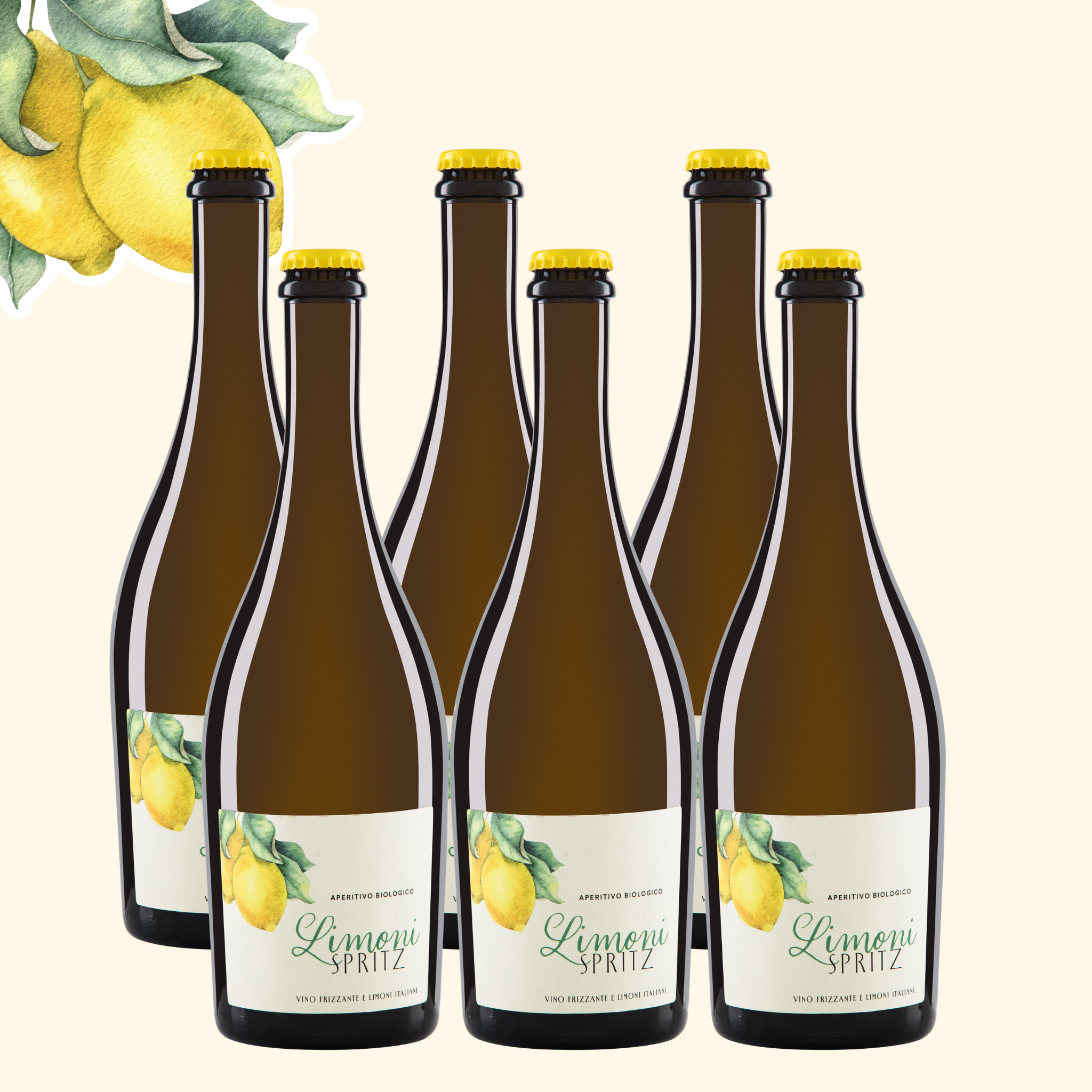 6 Flaschen Limoni in 2 Reihen auf hellem Hintergrund und gezeichnete Zitronen im Eck des Bildes
