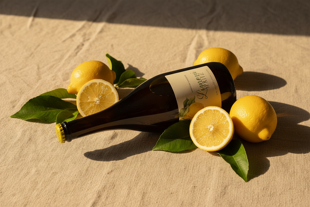 Limoni SPRITZ Flasche quer liegend mit Zitronen